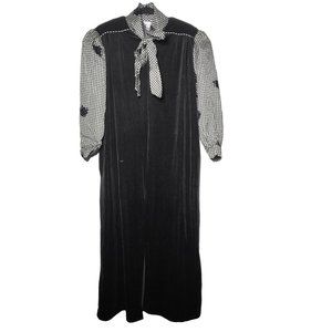 Vintage Keyloun Black Velvet Plaid Floral Half Zip‎ Robe Dress Large Union Made